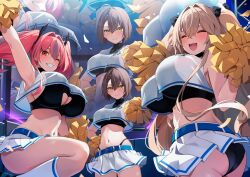  3girls absurdres ahoge alternate_costume anchorage_(azur_lane) arm_up ass azur_lane baltimore_(azur_lane) belt black_bra black_panties blue_belt bra braid breasts bremerton_(azur_lane) brown_hair cheerleader closed_eyes clothing_cutout commentary_request cropped_shirt eagle_union_(emblem) grey_hair hair_between_eyes hair_intakes heart_cutout highres holding holding_pom_poms large_breasts looking_at_viewer midriff mole mole_under_eye multicolored_hair multiple_girls navel one_eye_closed open_mouth panties panty_straps pink_eyes pink_hair pom_pom_(cheerleading) screen see-through see-through_shirt see-through_skirt shirt skirt soar_sora222 socks streaked_hair teeth twintails two-tone_hair underboob_cutout underwear upper_teeth_only white_socks yellow_eyes yellow_pom_poms 