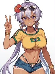  brazil brazilian brazilian_miku huge_breasts low_twintails purple_eyes purple_hair senki_zesshou_symphogear senki_zesshou_symphogear_xd_unlimited senki_zesshou_symphogear_xv shorts tan_body tan_skin tanline yukine_chris 