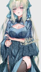  artist_name black_socks blue_bow blue_eyes blue_lips blue_skirt blush bow braid breasts center_opening china_dress chinese_clothes cleavage cleavage_cutout clothing_cutout commentary_request dress fate/grand_order fate_(series) female grey_hair hairbow half_up_braid highres large_breasts long_hair long_sleeves looking_at_viewer morgan_le_fay_(fate) nail_polish pelvic_curtain ponytail side_slit sidelocks skirt socks solo thighs togashi_(choco-bakama_kitchen) very_long_hair 