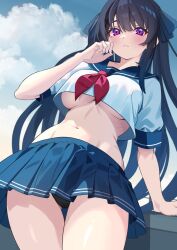  ao_no_kanata_no_four_rhythm arm_support ass_visible_through_thighs black_hair black_panties black_ribbon blue_sailor_collar blue_skirt blush breasts cameltoe closed_mouth cloud cloudy_sky commentary_request cowboy_shot crop_top curvy day eyebrows_hidden_by_hair eyelashes female foreshortening from_below frown hair_between_eyes hair_ornament hair_ribbon hand_up lace-trimmed_ribbon lace_trim large_breasts leaning_back long_hair looking_at_viewer midriff miniskirt navel neckerchief no_bra outdoors panties panty_peek pleated_skirt pororo_(r_pororo) purple_eyes red_neckerchief ribbon sailor_collar school_uniform serafuku shiny_skin short_sleeves shy skirt sky solo thigh_gap tobisawa_misaki underboob underwear very_long_hair x_hair_ornament 