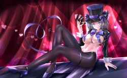  absurdres azur_lane black_hat black_pantyhose black_shrug breast_curtains breasts card cheshire_(azur_lane) cheshire_(the_cat_in_the_magic_hat)_(azur_lane) crotchless crotchless_pantyhose female full_body hat high_heels highres holding holding_card large_breasts leotard long_sleeves looking_at_viewer meme_attire nontraditional_playboy_bunny official_alternate_costume pantyhose purple_footwear reverse_bunnysuit reverse_outfit see-through see-through_leotard sefilom shoes short_hair solo top_hat 