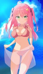  :3 absurdres ahoge bare_arms bare_shoulders bikini black_ribbon blue_sky blush bow bow_bikini breasts breasts_apart bright_pupils closed_mouth collarbone commentary_request day feet_out_of_frame female green_eyes hair_between_eyes hair_ornament hair_ribbon highres koiirohanab large_breasts long_hair looking_at_viewer navel ocean outdoors pink_bikini pink_bow pink_hair ribbon select_oblige side-tie_bikini_bottom sidelighting sky smile solo split_mouth standing star_(symbol) star_hair_ornament stomach swimsuit tsurime two_side_up yato_kukuru 