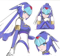  armor blue_armor blue_eyes blue_helmet breasts close-up cowboy_shot fairy_leviathan_(mega_man) female forehead_jewel helmet highres looking_at_viewer medium_breasts mega_man_(series) mega_man_zero_(series) multiple_girls robot_girl simple_background smile upper_body westglaze_18 white_background 