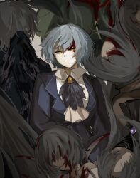  5girls absurdres angela_(project_moon) ascot black_ascot blood blood_on_face blue_coat blue_hair bodysuit brooch closed_mouth coat collared_shirt e.g.o_(project_moon) gem green_bodysuit grey_hair highres jewelry library_of_ruina long_hair looking_at_viewer multiple_girls project_moon purple_gemstone r2718281 regret_(e.g.o) sanguine_desire_(e.g.o) shirt short_hair upper_body very_long_hair white_ascot white_shirt wing_collar wingbeat_(e.g.o) yellow_eyes 