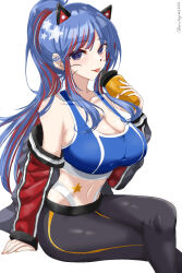  animal_ears bare_shoulders blue_hair blue_sports_bra blush bottle breasts cat_ears chamumi_(mochiumee) cleavage crossed_legs fake_animal_ears female hair_ornament highres jacket kantai_collection large_breasts long_hair looking_at_viewer midriff multicolored_hair navel pants red_hair simple_background sitting smile solo south_dakota_(kancolle) sports_bra water_bottle yoga_pants 