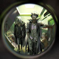  artist_name black_coat black_pants blonde_hair blood blood_splatter boku_no_hero_academia brown_coat coat commentary corpse dabi_(boku_no_hero_academia) disembodied_hand door english_commentary fisheye fluorescent_lamp grey_hair hand_in_pocket hand_on_wall high_collar indoors kadeart looking_at_another medium_hair pants peephole pov_peephole red_scarf scarf shigaraki_tomura short_hair sitting sleeves_rolled_up spiked_hair stairs stairwell standing stitched_face stitches toga_himiko 