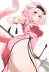  :&gt; absurdres alternate_costume animal_ears arknights ass black_headband bracelet braid breasts cat_ears cat_girl cat_tail china_dress chinese_clothes commentary covered_nipples dress female flower from_below goldenglow_(arknights) hair_flower hair_ornament headband highres holding holding_weapon jewelry large_breasts looking_at_viewer medium_hair pcaccount13 pink_dress pink_hair single_braid solo tail thighs weapon white_background yellow_eyes 