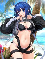  absurdres ahoge beach bikini bikini_under_clothes black_bikini black_jacket blue_eyes blue_hair blue_sky blush breasts c.i.e.l_(fate) ciel_(tsukihime) clothes_lift cropped_jacket cross cross_necklace dress_swimsuit fate/grand_order fate_(series) female grey_one-piece_swimsuit harukey highres jacket jewelry large_breasts long_sleeves looking_at_viewer navel necklace one-piece_swimsuit open_mouth palm_tree shore short_hair sky solo swimsuit thighs tree 