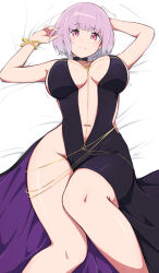  absurdres artist_name bed_sheet black_choker blush bracelet breasts chinese_commentary choker closed_mouth collarbone dress female gridman_universe groin highres jewelry knee_up large_breasts looking_at_viewer lying masakin medium_hair mixed-language_commentary navel o-ring on_back pink_eyes pink_hair purple_dress shinjou_akane smile solo ssss.gridman stomach thighs twitter_username 