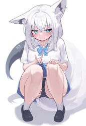  :3 absurdres animal_ear_fluff animal_ears black_footwear black_panties blue_bow blue_bowtie blue_skirt bow bowtie braid closed_mouth clothes_lift commentary deaver female fox_ears fox_girl fox_tail highres hololive lifting_own_clothes loafers looking_at_viewer panties pentagram shirakami_fubuki shirt shoes single_braid skirt skirt_lift solo squatting tail underwear virtual_youtuber white_hair white_shirt 