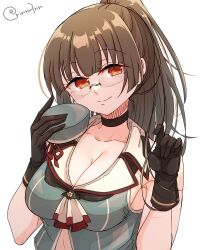  alternate_hairstyle beret black_choker black_gloves black_hair blush breasts choker choukai_(kancolle) choukai_kai_ni_(kancolle) cleavage collarbone female glasses gloves hair_ornament hat highres kantai_collection large_breasts long_hair looking_at_viewer matsunaga_(haku) midriff mini_hat navel ponytail red_eyes rimless_eyewear sleeveless smile solo twitter_username unworn_headwear upper_body white_background 