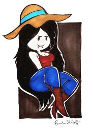  absurdres adventure_time artist_name bare_hips bare_legs bare_shoulders black_hair breasts closed_mouth fangs female hair_ornament hat highres imrachets legs long_hair looking_at_viewer marceline_abadeer medium_breasts signature smile solo sun_hat thick_thighs thighs vampire very_long_hair wide_hips 