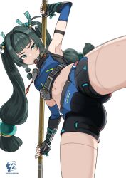  absurdres android armpits black_gloves blunt_bangs closed_mouth cowboy_shot female fingerless_gloves from_below gloves green_eyes green_hair highres holding holding_weapon long_hair looking_at_viewer navel nosuku qingyi_(zenless_zone_zero) serious sidelocks simple_background solo sweatdrop twintails v-shaped_eyebrows weapon white_background zenless_zone_zero 