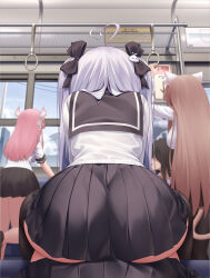  5girls absurdres ahoge animal_ears ass ass_focus black_hair black_ribbon black_skirt black_thighhighs brown_hair cat_ears day from_behind hair_ornament hair_ribbon highres horns kurohanya_(niliu_chahui) long_hair long_sleeves multiple_girls niliu_chahui original pink_hair pink_horns pleated_skirt ribbon school_uniform serafuku shirt sitting sitting_on_person skirt thighhighs tokisaki_mio_(niliu_chahui) train_interior white_hair white_serafuku white_shirt yuri 