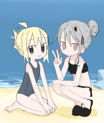  2girls :3 agoshi_sakina ahoge beach bikini black_bikini black_footwear blonde_hair blue_one-piece_swimsuit brown_eyes closed_mouth flat_chest folded_ponytail frilled_bikini frills full_body grey_hair hair_bun hair_ornament hairclip hand_up hands_on_own_knees kneeling kokaki_mumose looking_at_viewer multiple_girls null-meta one-piece_swimsuit open_mouth outdoors sand school_swimsuit shoes short_hair side-tie_bikini_bottom sidelocks single_hair_bun smile squatting swimsuit uozumi_kurumi w water 