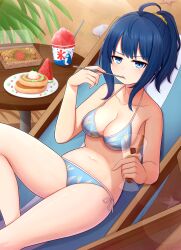  absurdres ahoge atorie bikini blue_bikini blue_eyes blue_hair breasts chair cleavage commentary_request feet_out_of_frame female food fruit glutton highres ice_cream lounge_chair make_heroine_ga_oo_sugiru! medium_breasts medium_hair navel pancake ponytail shaved_ice sidelocks solo swimsuit watermelon yakisoba yanami_anna 