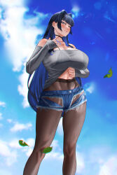  absurdres alfianzeu artist_name bare_shoulders bikini blue_eyes blue_hair blush breasts choker commentary denim denim_shorts english_commentary feet_out_of_frame female hair_behind_ear hair_intakes highres hololive hololive_english large_breasts leaf long_hair long_sleeves looking_at_viewer navel ouro_kronii pantyhose see-through see-through_shirt shirt shorts solo sweat swimsuit teeth torn_clothes very_long_hair virtual_youtuber watermark 