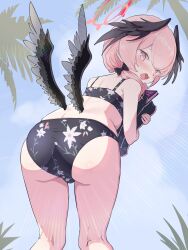  ass bag bikini black_bikini black_bow black_wings blue_archive blush book bow day feathered_wings female floral_print from_behind hairbow halo head_wings highres hugging_object koharu_(blue_archive) koharu_(swimsuit)_(blue_archive) long_hair looking_at_viewer looking_back low_twintails low_wings official_alternate_costume oozumi_03 outdoors pink_eyes pink_hair print_bikini solo swimsuit twintails wings 