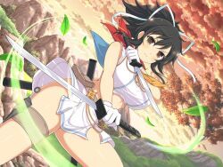  ascot asuka_(senran_kagura) belt_pouch black_hair blush breasts brown_eyes dual_wielding energy falling_leaves female frown gloves gradient_sky grass hair_ribbon hanzou_academy_uniform holding holding_sword holding_weapon kunai large_breasts leaf light_frown linea_alba looking_at_viewer miniskirt motion_lines mountain mountainous_horizon official_alternate_costume official_art orange_ascot orange_sky plant pleated_skirt ponytail pouch red_scarf reverse_grip ribbon saya_(scabbard) scabbard scarf school_uniform senran_kagura senran_kagura_new_link senran_kagura_shoujo-tachi_no_shin&#039;ei serafuku sheath shiny_skin shirt short_hair short_ponytail short_sword shuriken skirt sky solo sunrise sword thigh_strap torn_clothes torn_shirt torn_skirt torn_sleeves tree tsuba_(guard) tsuka-ito unsheathed v-shaped_eyebrows wakizashi weapon white_gloves white_ribbon white_serafuku white_shirt yaegashi_nan yellow_sky 