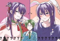  2boys ? ?? abs animal_ears animal_print arrow_(symbol) bishounen blue_jacket blue_shirt blush closed_mouth collarbone collared_shirt colored_flower_cards_(ensemble_stars!) crescent ensemble_stars! fake_animal_ears flower flying_sweatdrops glasses green_hair green_necktie grey-framed_eyewear grin hair_between_eyes hair_bun hair_flower hair_intakes hair_ornament hair_ribbon half_updo hand_on_headwear hand_on_own_arm hand_on_own_chin haruko_21 hasumi_keito highres jacket japanese_clothes kanzaki_souma kanzashi kimono long_hair long_sleeves looking_at_viewer male_focus moon_print motoyui multiple_boys multiple_views narrowed_eyes neck_tassel necktie no_eyes official_alternate_costume official_alternate_hairstyle open_clothes open_kimono orange_background pectorals pink_background ponytail purple_eyes purple_hair rabbit_ears rabbit_print raised_eyebrow red_kimono red_ribbon ribbon school_uniform shirt short_hair sidelocks simple_background single_hair_bun smile t-shirt topless_male translated v-shaped_eyebrows white_shirt wing_collar yumenosaki_school_uniform 