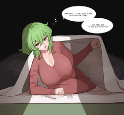  1girls bed big_breasts blanket breasts green_hair inviting_under_covers kazami_yuuka large_breasts looking_at_viewer mata_(matasoup) milf offering offering_to_viewer pajamas pov protective red_eyes red_pajamas solo solo_female talking_to_viewer touhou touhou_project yuka_kazami yuuka_kazami 