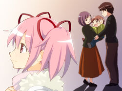  2boys 2girls blush_stickers brother_and_sister carrying coat commentary_request family father_and_daughter father_and_son fur_trim glasses hair_ribbon husband_and_wife kaname_junko kaname_madoka kaname_tatsuya kaname_tomohisa long_skirt looking_away mahou_shoujo_madoka_magica mahou_shoujo_madoka_magica_(anime) mother_and_daughter mother_and_son multiple_boys multiple_girls oka_(umanihiki) pink_eyes pink_hair profile ribbon siblings skirt 