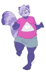  ailurid alternate_species anthro arthur_(lapinbeau) bottomwear clothed clothing domestic_rabbit flemish_giant fully_clothed fur hair hi_res lagomorph lapinbeau leporid male mammal oryctolagus overweight overweight_anthro overweight_male pants purple_body purple_fur purple_hair rabbit red_panda shirt shorts simple_background solo topwear white_background yellow_eyes 