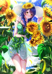  bare_shoulders blue_hair blush braid carrying carrying_under_arm cloud commentary_request day dress female field flower flower_field frilled_dress frills green_dress hair_flower hair_ornament hand_on_headwear hat highres looking_at_viewer outdoors petals see-through shokugeki_no_souma sky sleeveless sleeveless_dress solo strap_slip sun_hat sundress sunflower sunflower_field sunflower_hair_ornament sunflower_petals swordsouls tadokoro_megumi twin_braids yellow_eyes yellow_flower 