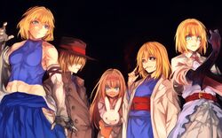  5girls abs alice_margatroid alternate_costume belt black_background black_sclera blonde_hair blue_eyes bois_de_justice coat colored_sclera commentary_request cookie_(touhou) dies_irae dress elbow_gloves fedora fingerless_gloves frilled_dress frills gloves hairband hat highres hinase_(cookie) ichigo_(cookie) japanese_clothes jigen_(cookie) kimono kiseru long_hair looking_at_viewer miffy miffy_(character) multiple_girls multiple_persona necktie nuppehofu_(nibuta) rabbit sakuranbou_(cookie) shinza_bansho_series short_hair simple_background sleeveless sleeveless_turtleneck smile smoking smoking_pipe stuffed_animal stuffed_rabbit stuffed_toy taisa_(cookie) toned touhou trench_coat turtleneck 