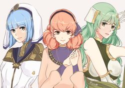  3girls artist_name bare_shoulders blue_hair circlet commentary_request curly_hair fire_emblem fire_emblem_echoes:_shadows_of_valentia genny_(fire_emblem) green_eyes green_hair grey_background hairband jewelry long_hair multiple_girls nana_(mizukas) necklace pink_eyes pink_hair silque_(fire_emblem) simple_background tatiana_(fire_emblem) teeth veil 