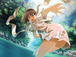  ass bent_over blush breasts brown_eyes brown_hair dress dutch_angle female forest from_behind game_cg green_green highres iino_chigusa jacket jewelry large_breasts legs looking_at_viewer looking_back nature necklace open_mouth outdoors river rock rocks scarf short_dress short_hair skirt smile solo standing thighs tree trees wading water wink 