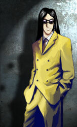  1boy baofu commentary_request danny-boy formal hands_in_pockets long_hair male_focus necktie persona persona_2 photoshop_(medium) smirk suit sunglasses 