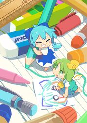  2girls :d ^_^ aqua_dress ascot barefoot blue_bow blue_dress blue_hair blush_stickers bow cirno closed_eyes commentary_request crayon daiyousei detached_wings dress eraser fairy_wings green_eyes green_hair grin hairbow highres ice ice_wings lined_paper looking_up mini_person minigirl moyazou_(kitaguni_moyashi_seizoujo) multiple_girls open_mouth paper pencil ruler short_hair short_sleeves side_ponytail smile touhou wings wooden_pencil yellow_ascot yellow_bow 