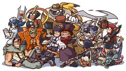  2boys 6+girls 8-ball :p :t arm_hair artist_name ball beowulf_(skullgirls) big_band billiard_ball billiards black_hair blood blue_hair blue_skin boned_meat boots breasts captainosaka cat_tail cerebella_(skullgirls) closed_eyes coat colored_skin commentary cross dark_skin dated double_(skullgirls) eliza_(skullgirls) english_commentary everyone fedora filia_(skullgirls) food frown george_the_bomb gloves green_hair hands_on_own_cheeks hands_on_own_face hat horns krieg_(skullgirls) leviathan_(skullgirls) mary_janes mask meat medium_breasts mouth_mask ms._fortune_(skullgirls) multiple_boys multiple_girls navel notepad object_through_head one_eye_closed painwheel_(skullgirls) parasoul_(skullgirls) peacock_(skullgirls) pen red_eyes robo-fortune robot_girl samson_(skullgirls) school_uniform sharp_teeth shoes simple_background sitting size_difference skirt skullgirls smile squigly_(skullgirls) surprised tail teeth thighhighs thighs tongue tongue_out top_hat trench_coat umbrella valentine_(skullgirls) vice-versa_(skullgirls) yellow_eyes 