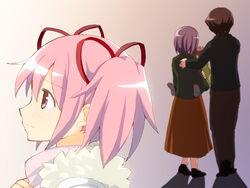  2boys 2girls blush_stickers brother_and_sister carrying coat commentary_request family father_and_daughter father_and_son fur_trim glasses hair_ribbon husband_and_wife kaname_junko kaname_madoka kaname_tatsuya kaname_tomohisa long_skirt looking_away mahou_shoujo_madoka_magica mahou_shoujo_madoka_magica_(anime) mother_and_daughter mother_and_son multiple_boys multiple_girls oka_(umanihiki) pink_eyes pink_hair profile ribbon siblings skirt walking 