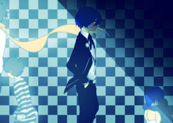  3boys aged_down blazer blue_hair checkered commentary_request dual_persona gekkoukan_high_school_uniform hands_in_pockets hugging_own_legs jacket makokokokokoko male_focus multiple_boys neck_ribbon persona persona_3 pharos photoshop_(medium) profile ribbon school_uniform shirt sitting standing striped yellow_eyes yuuki_makoto_(persona_3) 