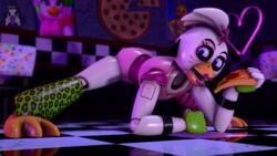  3d 3d_(artwork) 4k beak blue_eyes blurry_background chicken detailed_background earings fingerless_gloves five_nights_at_freddy&#039;s five_nights_at_freddy&#039;s:_security_breach fnaf glamrock_chica_(fnaf) hi_res high_resolution highres jack-o_pose jackochallenge legs_apart lipstick looking_at_viewer neon_lights open_mouth pale-skinned_female pale_skin pink_clothing pink_eyes pink_panties pizza purple_eyes reflection reflective_floor robot robot_girl scottgames sfm shiny_skin short_hair trishsfm watermark white_body white_hair 