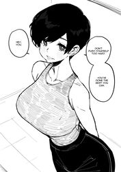  1girls big_breasts black_and_white black_hair breasts comforting emotional_support encouragement english_text fully_clothed high-angle_view light-skinned_female looking_at_viewer looking_up_at_viewer norman_maggot olive_laurentia original pixie_cut short_hair short_hair_female sleeveless_shirt solo solo_female speech_bubble talking_to_viewer very_short_hair wholesome 