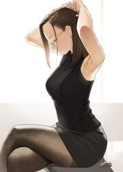  1girls 2023 adult adult_female adult_girl armpit armpits asian asian_female black_topwear bright_background brown_hair closed_eyes clothed clothed_female crossed_legs ear_piercing earrings eyes_closed female female_only fixing_hair ganbare_douki-chan glasses hands_behind_head human human_female japanese japanese_female jewelry legs_crossed light-skinned_female light_skin miru_tights okuzumi_yuiko pantyhose professional_clothes realistic_breast_size realistic_proportions school_teacher sitting skirt solo solo_female solo_focus teacher thighs tying tying_hair white_background window windows yomu_(sgt_epper) 