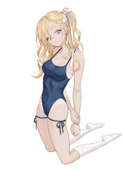  bare_shoulders blonde_hair blue_one-piece_swimsuit blue_ribbon breasts cleavage closed_mouth covered_navel female full_body grey_eyes groin hair_ribbon highleg highleg_one-piece_swimsuit holding_own_arm kneeling leg_ribbon long_hair looking_at_viewer medium_breasts no_shoes one-piece_swimsuit one_side_up original oto1_030 ribbon simple_background socks solo swimsuit tan tanlines thigh_ribbon white_background white_ribbon white_socks 