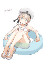  bikini bikini_skirt clothes_writing cross female food green_eyes grey_hair hat highres innertube iron_cross kantai_collection microskirt mouth_hold one-hour_drawing_challenge popsicle sailor_bikini sailor_collar sailor_hat sandals sitting skirt solo swim_ring swimsuit tetsukuzu_(yajirushi_shita) twitter_username white_bikini white_hat white_sailor_collar z1_leberecht_maass_(kancolle) z1_leberecht_maass_(swimsuit_mode)_(kancolle) 