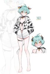  ahoge animal_costume animal_ears animal_print aqua_hair artist_name barcode barcode_tattoo barefoot bell belt_collar black_bra blush bra breasts collar cow_costume cow_ears cow_horns cow_print cow_tail dated drawstring ear_tag extra_ears female floppy_ears front-tie_bra hair_between_eyes hand_in_pocket highres hood hood_down hooded_jacket horns jacket jingle_bell looking_at_viewer multiple_views navel nose_blush original partially_unzipped short_hair sirin_(sirin_8_8) small_breasts speech_bubble spoken_blush stomach_tattoo sweat tail tattoo thigh_strap underwear wavy_mouth yellow_eyes zoom_layer 