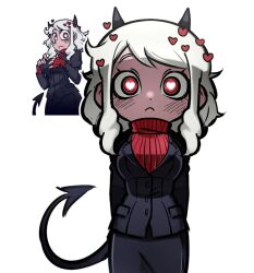  clothed clothing demon demon_humanoid female heart_eyes heart_symbol helltaker horn humanoid jjjjtaaaku modeus_(helltaker) not_furry reference_image simple_background solo spade_tail suit tail white_background 