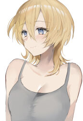  bare_shoulders blonde_hair blue_eyes blush breasts camisole cleavage closed_mouth commentary_request eyelashes female grey_camisole hair_between_eyes hatomaru_(hatomaru56) highres kantai_collection medium_breasts medium_hair simple_background solo tuscaloosa_(kancolle) upper_body white_background 