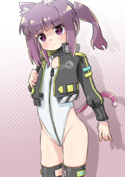  alice_gear_aegis animal_ears black_jacket black_thighhighs cat_ears cat_tail character_request circle_cutout cleavage_cutout clothing_cutout companion/af covered_collarbone female flat_chest front_zipper full-length_zipper gradient_background highleg highleg_leotard highres jacket leotard purple_background purple_eyes purple_hair r_85 race_queen sleeveless_turtleneck_leotard solo tail thighhighs turtleneck turtleneck_leotard twintails two-tone_leotard white_leotard zipper zipper_leotard zipper_pull_tab 