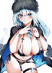  absurdres animal_ears bikini black_bikini black_hat black_jacket blue_eyes blush bracelet breasts cat_ears cat_girl cat_tail cleavage detached_collar dobrynya_nikitich_(fate) dobrynya_nikitich_(swimsuit_lancer)_(fate) fate/grand_order fate_(series) female fur-trimmed_headwear fur_trim hat highres jacket jacket_on_shoulders jewelry large_breasts len_(hand_linke) long_hair looking_at_viewer navel necktie smile solo swimsuit tail thighs white_background white_hair 