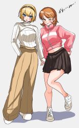  2girls :p aegis_(persona) alternate_costume black_skirt blonde_hair blue_eyes blush brown_eyes brown_hair brown_pants commentary_request full_body hand_in_pocket highres jacket looking_at_viewer midriff multiple_girls navel one_eye_closed pants persona persona_3 pink_jacket pleated_skirt shoes simple_background skirt standing standing_on_one_leg sweater tongue tongue_out white_background white_footwear white_sweater yukari_takeba yuyuy_00 