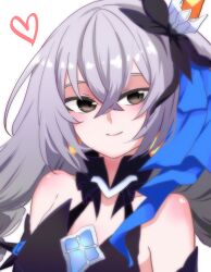  absurdres bare_shoulders black_ribbon bronya_zaychik bronya_zaychik_(herrscher_of_reason) commentary_request female grey_eyes grey_hair hair_between_eyes hair_ribbon heart highres honkai_(series) honkai_impact_3rd long_hair looking_at_viewer ribbon satoyukitowa smile solo upper_body white_background 