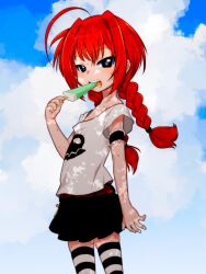  ahoge black_eyes black_skirt black_thighhighs blue_sky braid braided_ponytail cloud cloudy_sky commission day female food food_in_mouth hair_intakes highres holding holding_food holding_popsicle long_hair lyrical_nanoha mahou_shoujo_lyrical_nanoha multicolored_thighhighs open_mouth outdoors pixiv_commission pleated_skirt popsicle red_hair shirt skirt sky striped_clothes striped_thighhighs sweat teeth teruki_kuma thighhighs vita_(nanoha) white_shirt white_thighhighs 