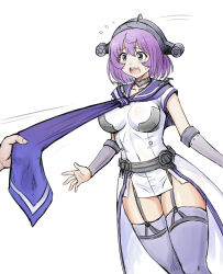  ass_visible_through_thighs blue_eyes breasts dress female garter_straps hair_between_eyes headgear kantai_collection large_breasts lexington_(kancolle) long_necktie medium_hair necktie necktie_grab neckwear_grab open_mouth purple_hair purple_necktie purple_sailor_collar purple_thighhighs round_teeth sailor_collar sailor_dress solo_focus teeth thighhighs upper_teeth_only white_dress y.ssanoha 